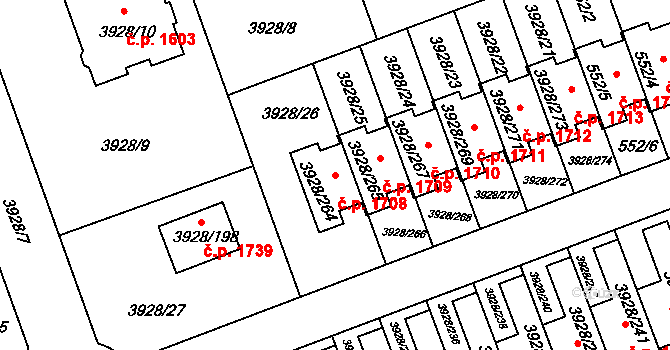 Úvaly 1708 na parcele st. 3928/264 v KÚ Úvaly u Prahy, Katastrální mapa