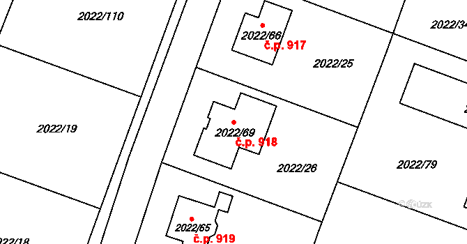 Velká Bystřice 918 na parcele st. 2022/69 v KÚ Velká Bystřice, Katastrální mapa