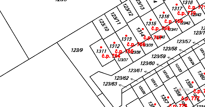 Veltrusy 764 na parcele st. 1311 v KÚ Veltrusy, Katastrální mapa