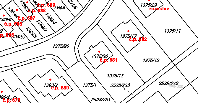 Jedovnice 681 na parcele st. 1375/30 v KÚ Jedovnice, Katastrální mapa
