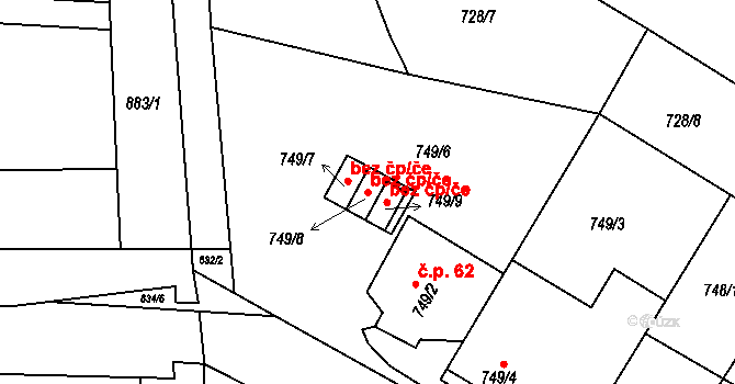 Lukov 38347661 na parcele st. 749/8 v KÚ Lukov u Moravských Budějovic, Katastrální mapa