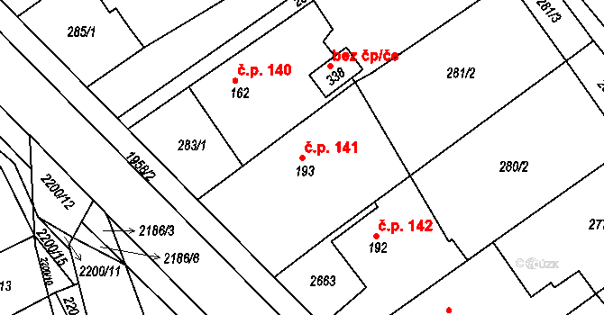 Hrádek na Vlárské dráze 141, Slavičín na parcele st. 193 v KÚ Hrádek na Vlárské dráze, Katastrální mapa