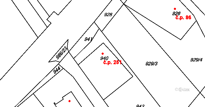 Štípa 251, Zlín na parcele st. 940 v KÚ Štípa, Katastrální mapa