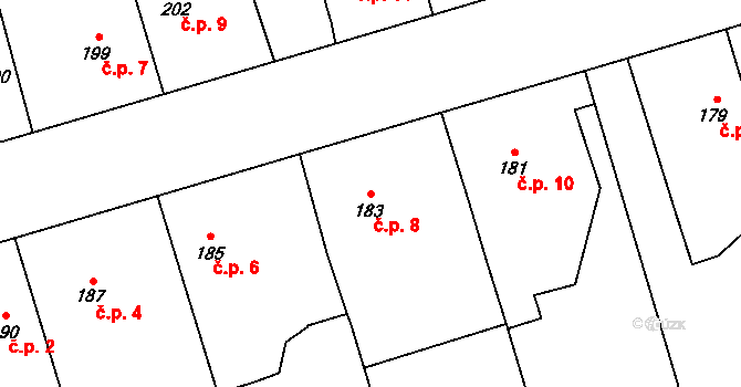Chlebičov 8 na parcele st. 183 v KÚ Chlebičov, Katastrální mapa