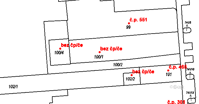 Brno 45562661 na parcele st. 100/1 v KÚ Černovice, Katastrální mapa