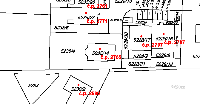 Východní Předměstí 2765, Plzeň na parcele st. 5235/14 v KÚ Plzeň, Katastrální mapa