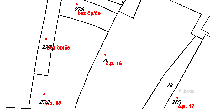 Borkovice 16 na parcele st. 26 v KÚ Borkovice, Katastrální mapa