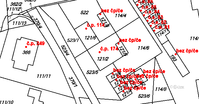 Chotoviny 174 na parcele st. 121/2 v KÚ Chotoviny, Katastrální mapa