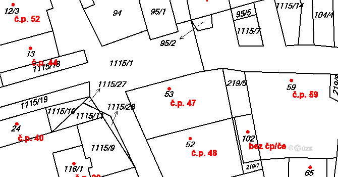 Kvasetice 47, Plánice na parcele st. 53 v KÚ Kvasetice, Katastrální mapa