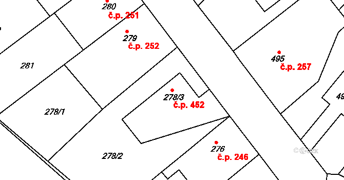 Jakubské Předměstí 452, Jaroměř na parcele st. 278/3 v KÚ Jaroměř, Katastrální mapa