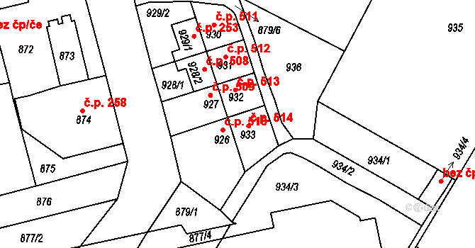 Třemošná 514 na parcele st. 933 v KÚ Třemošná, Katastrální mapa