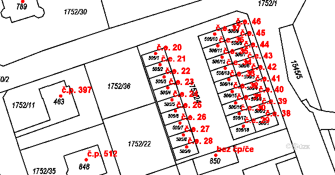 Libouchec 23 na parcele st. 505/4 v KÚ Libouchec, Katastrální mapa