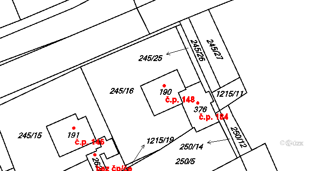Šlapanov 148 na parcele st. 190 v KÚ Šlapanov, Katastrální mapa