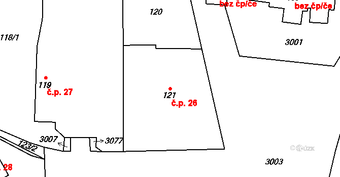 Králova Lhota 26 na parcele st. 121 v KÚ Králova Lhota u Českého Meziříčí, Katastrální mapa