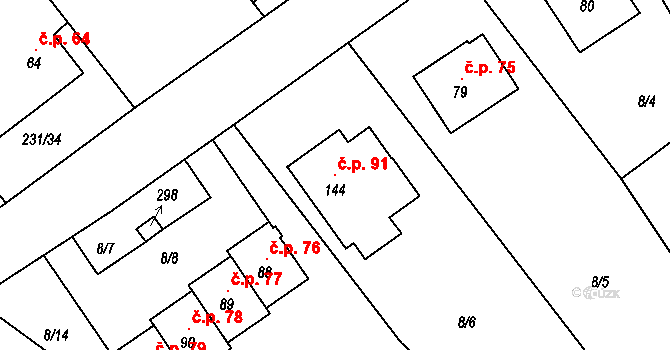Třebešov 91 na parcele st. 144 v KÚ Třebešov, Katastrální mapa