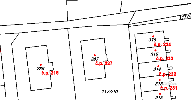 Prostřední Lánov 227, Lánov na parcele st. 287 v KÚ Prostřední Lánov, Katastrální mapa