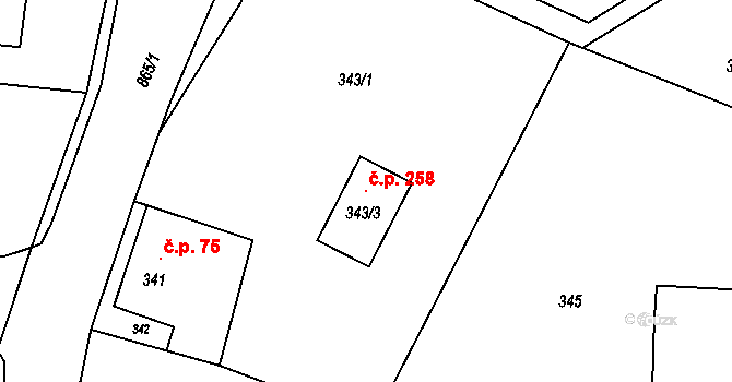 Děhylov 258 na parcele st. 343/3 v KÚ Děhylov, Katastrální mapa