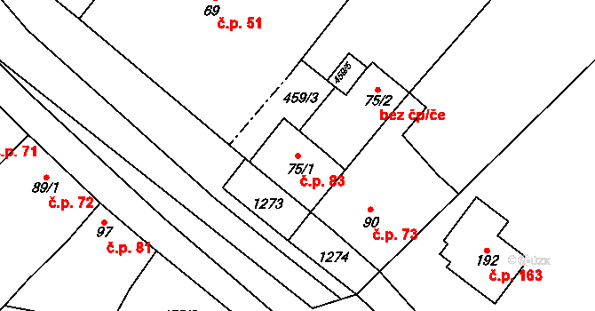 Brusné 83 na parcele st. 75/1 v KÚ Brusné, Katastrální mapa