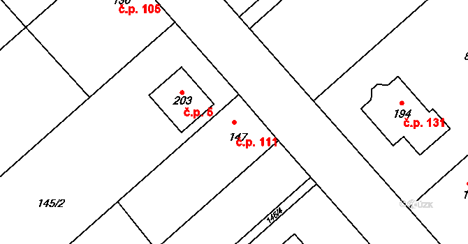 Šelešovice 111 na parcele st. 147 v KÚ Šelešovice, Katastrální mapa