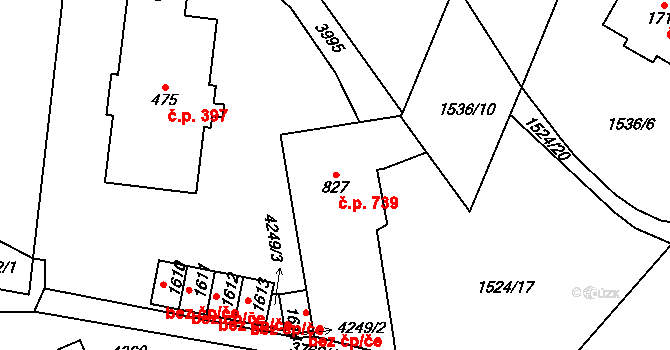 Dobřany 739 na parcele st. 827 v KÚ Dobřany, Katastrální mapa