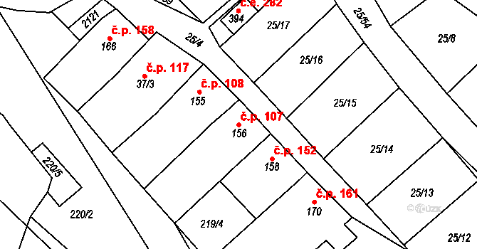 Olbramkostel 107 na parcele st. 156 v KÚ Olbramkostel, Katastrální mapa