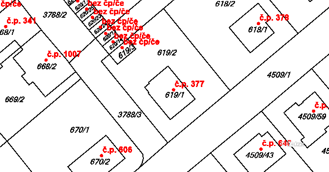 Žižkov 377, Kutná Hora na parcele st. 619/1 v KÚ Kutná Hora, Katastrální mapa