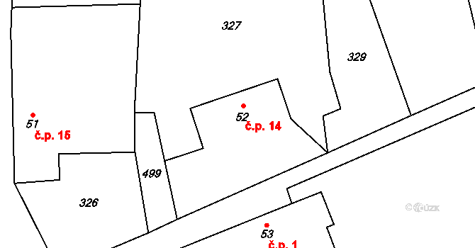 Homyle 14, Boharyně na parcele st. 52 v KÚ Boharyně, Katastrální mapa