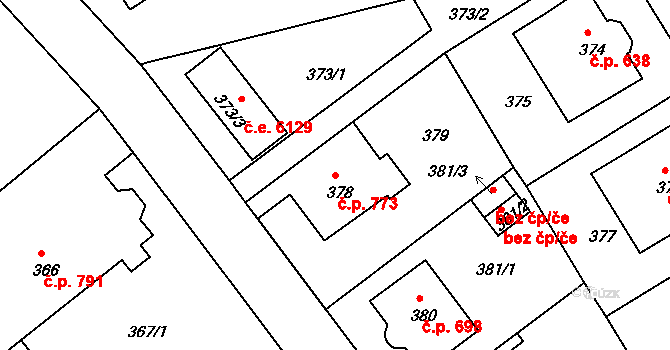 Klíše 773, Ústí nad Labem na parcele st. 378 v KÚ Klíše, Katastrální mapa