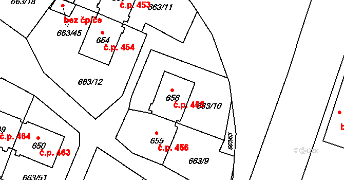 Milovice 455 na parcele st. 656 v KÚ Milovice nad Labem, Katastrální mapa
