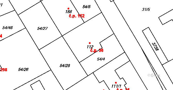 Velké Popovice 36 na parcele st. 112 v KÚ Velké Popovice, Katastrální mapa