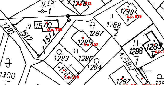 Rychnov u Jablonce nad Nisou 102 na parcele st. 1285 v KÚ Rychnov u Jablonce nad Nisou, Katastrální mapa