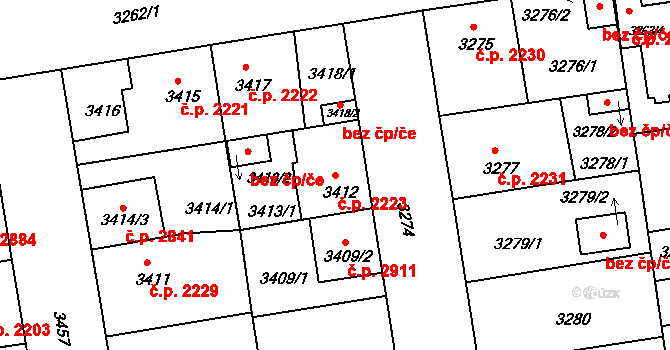 Žižkov 2223, Praha na parcele st. 3412 v KÚ Žižkov, Katastrální mapa