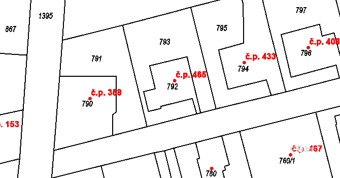 Řepy 465, Praha na parcele st. 792 v KÚ Řepy, Katastrální mapa