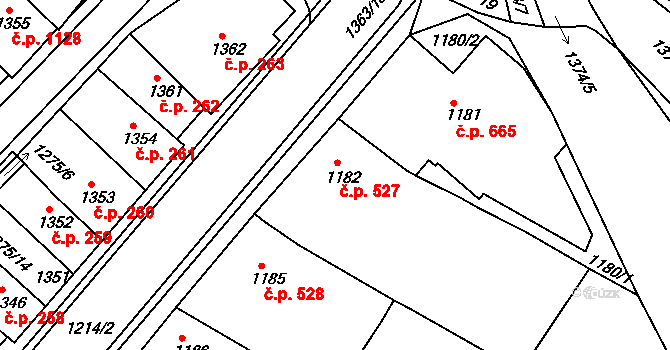 Mutěnice 527 na parcele st. 1182 v KÚ Mutěnice, Katastrální mapa