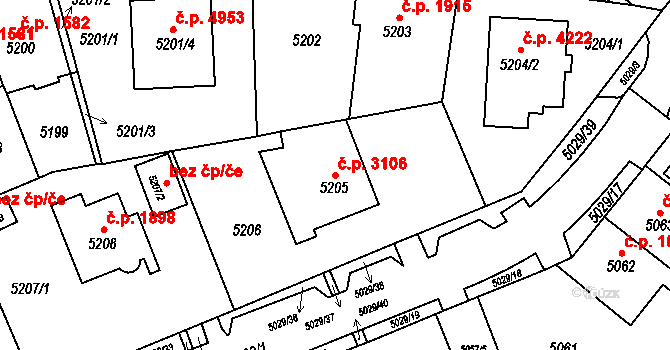 Chomutov 3106 na parcele st. 5205 v KÚ Chomutov I, Katastrální mapa
