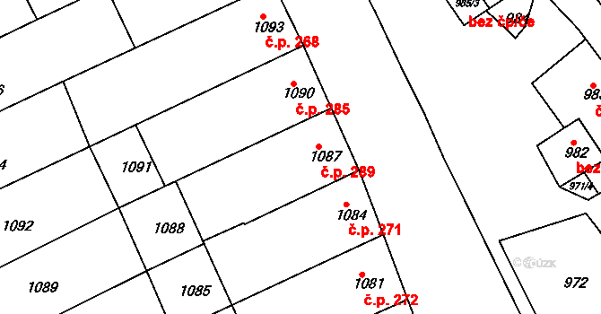 Blučina 289 na parcele st. 1087 v KÚ Blučina, Katastrální mapa