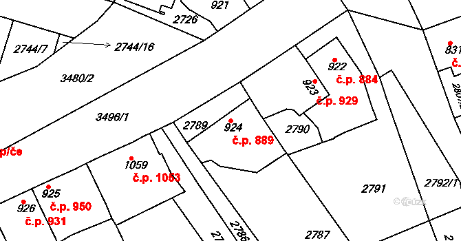 Rosice 889 na parcele st. 924 v KÚ Rosice u Brna, Katastrální mapa