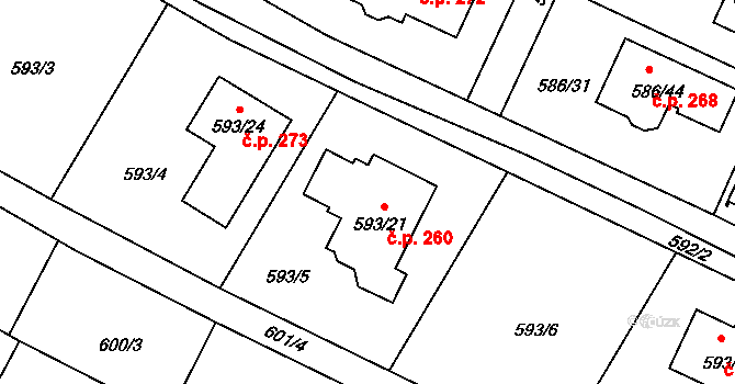 Poříčí 260, Boršov nad Vltavou na parcele st. 593/21 v KÚ Boršov nad Vltavou, Katastrální mapa
