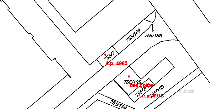 Rýnovice 4983, Jablonec nad Nisou na parcele st. 755/7 v KÚ Rýnovice, Katastrální mapa