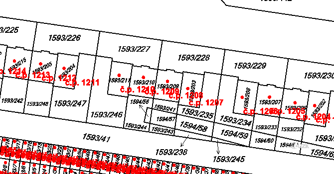 Kosmonosy 1208 na parcele st. 1593/209 v KÚ Kosmonosy, Katastrální mapa
