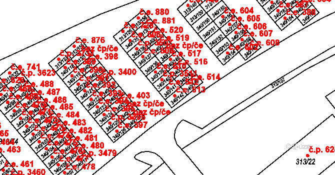 Vyškov-Předměstí 512, Vyškov na parcele st. 340/141 v KÚ Vyškov, Katastrální mapa