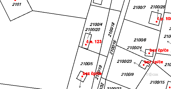 Štramberk 123 na parcele st. 2100/20 v KÚ Štramberk, Katastrální mapa