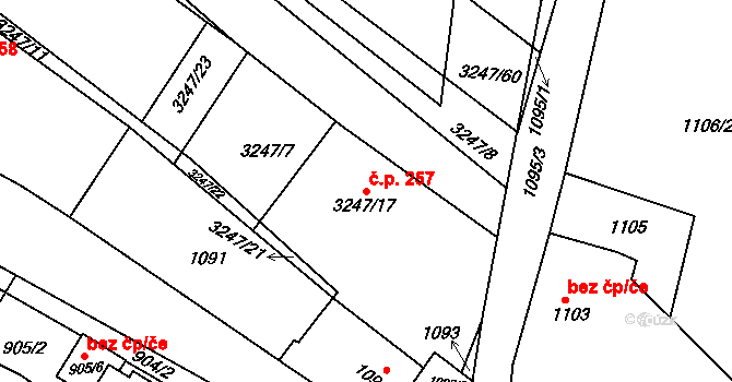 Buchlovice 257 na parcele st. 3247/17 v KÚ Buchlovice, Katastrální mapa