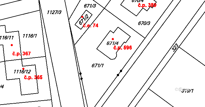Zruč 596, Zruč-Senec na parcele st. 671/4 v KÚ Zruč, Katastrální mapa