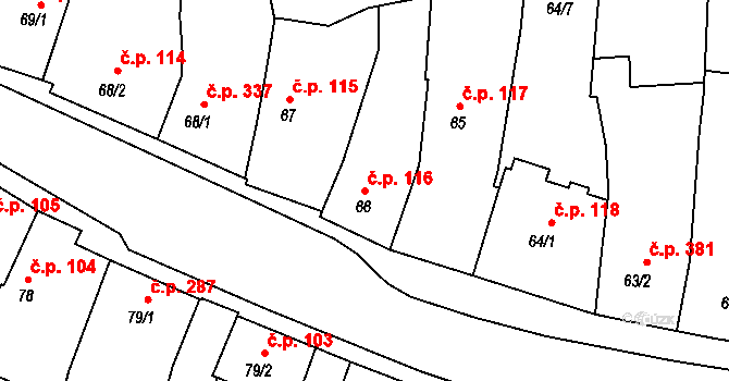 Milevsko 116 na parcele st. 66 v KÚ Milevsko, Katastrální mapa