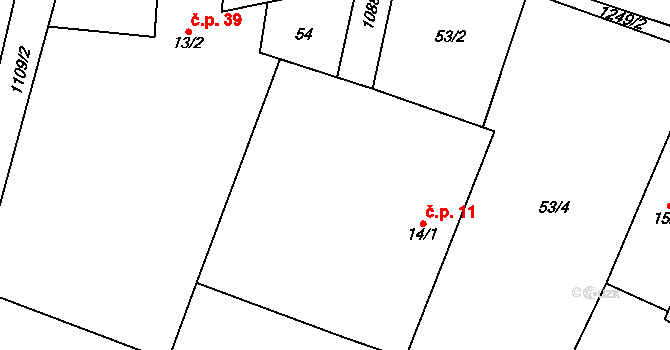 Chrbonín 11 na parcele st. 14/1 v KÚ Chrbonín, Katastrální mapa