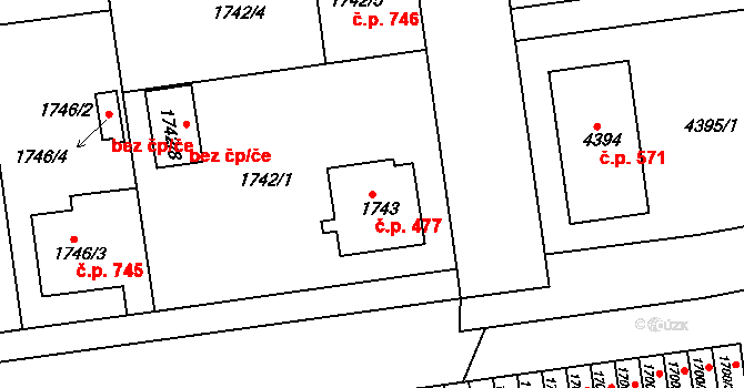 Pražské Předměstí 477, Jaroměř na parcele st. 1743 v KÚ Jaroměř, Katastrální mapa
