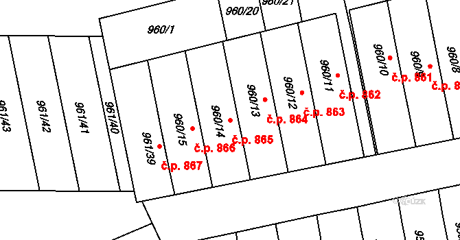 Hronov 865 na parcele st. 960/14 v KÚ Hronov, Katastrální mapa