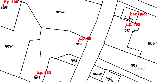 Kostelec nad Orlicí 98 na parcele st. 1063 v KÚ Kostelec nad Orlicí, Katastrální mapa