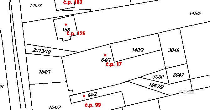 Milenov 17 na parcele st. 64/1 v KÚ Milenov, Katastrální mapa